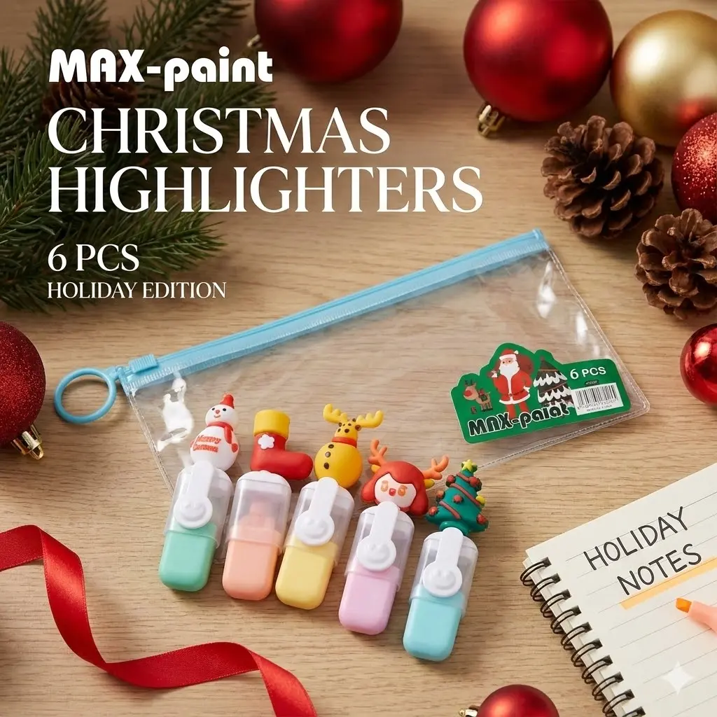 Picture of Christmas Theme Mini Highlighters (Set of 6) - Santa & Snowman Topper Marker Pens in Zipper Pouch for Kids Gift
