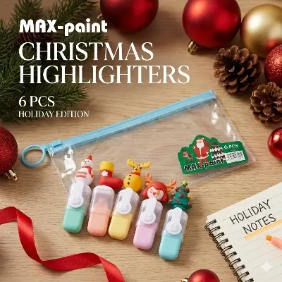 Picture of Christmas Theme Mini Highlighters (Set of 6) - Santa & Snowman Topper Marker Pens in Zipper Pouch for Kids Gift