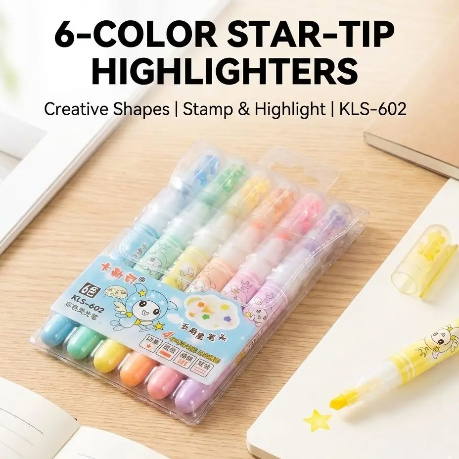 Picture of KLS-602 Star Tip Highlighters (Set of 6) - 4-in-1 Multi-Function Pastel Markers with Glitter Cap
