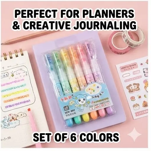 Picture of KLS-602 Star Tip Highlighters (Set of 6) - 4-in-1 Multi-Function Pastel Markers with Glitter Cap