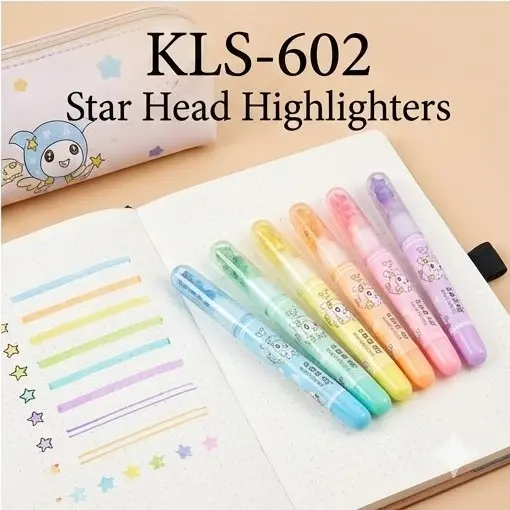 Picture of KLS-602 Star Tip Highlighters (Set of 6) - 4-in-1 Multi-Function Pastel Markers with Glitter Cap