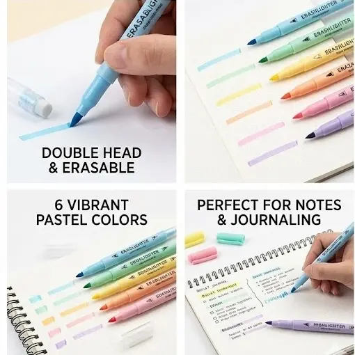 Picture of Erasable Highlighters (Model No. 957) - Set of 6 Pastel Dual-Tip Marker Pens - Correct Mistakes Easily