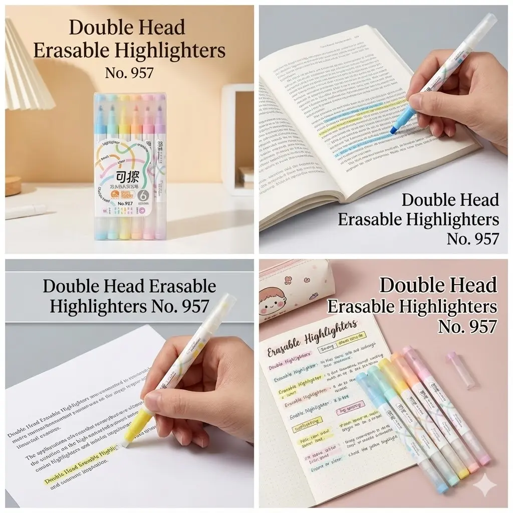 Picture of Erasable Highlighters (Model No. 957) - Set of 6 Pastel Dual-Tip Marker Pens - Correct Mistakes Easily