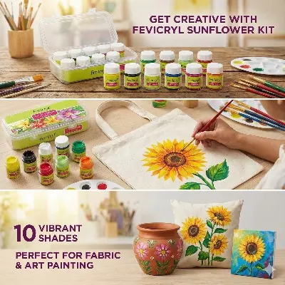 Picture of ORGINAL Fevicryl Acrylic Colours Sunflower Kit (10 Shades x 15ml) - DIY Fabric & Multi-Surface Painting Set