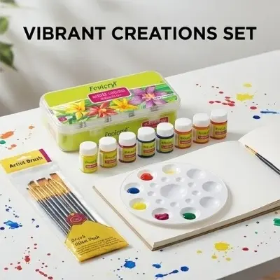 Picture of Premium Art Combo Package - Fevicryl Acrylic Paint Kit with 7pc Brush Set &  Palette Complete Painting Kit - Fevicryl Acrylic Colors & Accessories Combo