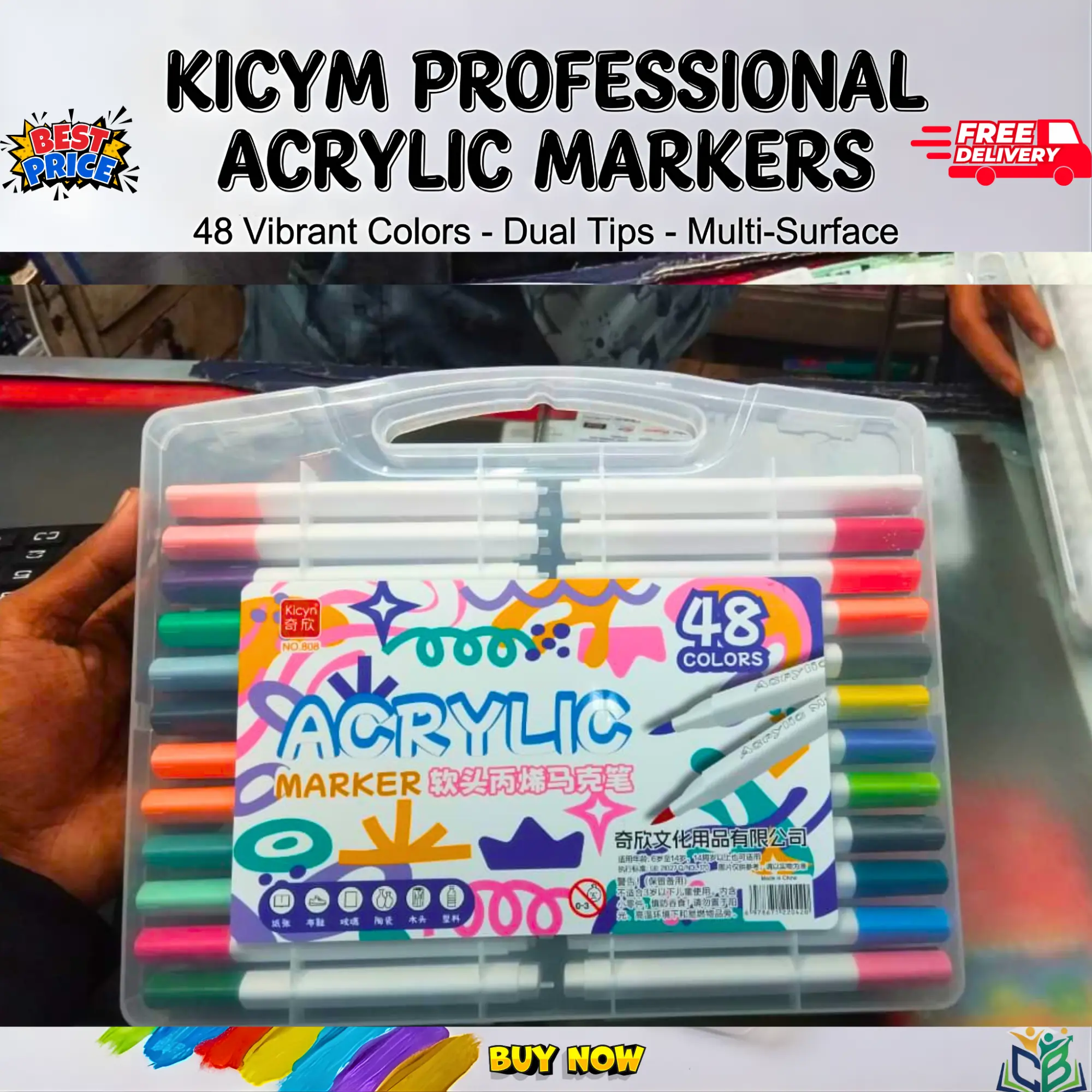 Picture of Kicyn 48 Colors Acrylic Marker Set (NO. 808) - Soft Tip Water-Based Paint Pens for Rock, Wood, Glass & DIY,Premium 48pc Acrylic Paint Pens - Multi-Surface Markers for Artists(12/24/36/48)