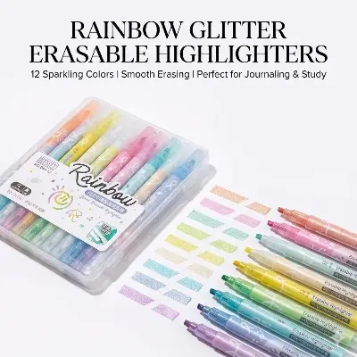 Picture of Rainbow Glitter Erasable Highlighters (12 Colors Set) - Shimmering Marker Pens with Eraser Tip for Journaling,12-Color Magic Glitter Markers - Erasable Highlighters for Students