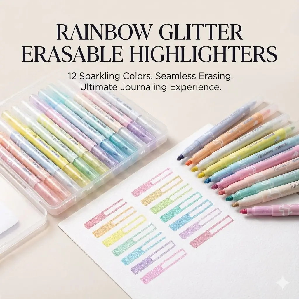 Picture of Rainbow Glitter Erasable Highlighters (12 Colors Set) - Shimmering Marker Pens with Eraser Tip for Journaling,12-Color Magic Glitter Markers - Erasable Highlighters for Students