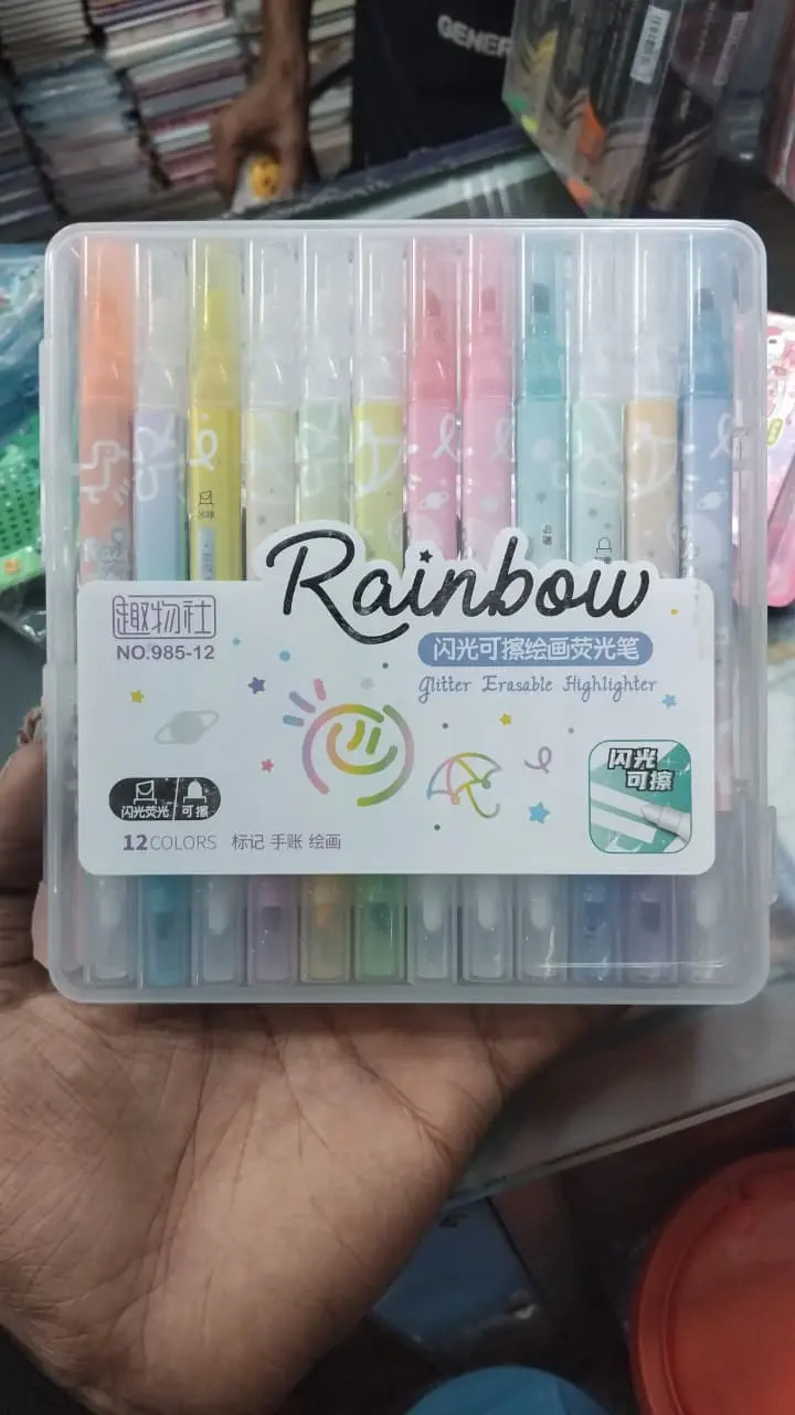 Picture of Rainbow Glitter Erasable Highlighters (12 Colors Set) - Shimmering Marker Pens with Eraser Tip for Journaling,12-Color Magic Glitter Markers - Erasable Highlighters for Students