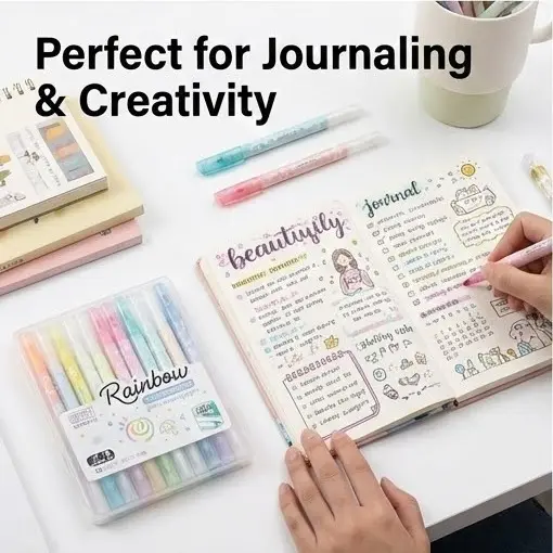 Picture of Rainbow Glitter Erasable Highlighters (12 Colors Set) - Shimmering Marker Pens with Eraser Tip for Journaling,12-Color Magic Glitter Markers - Erasable Highlighters for Students