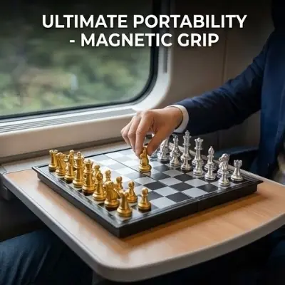 Picture of Magnetic Foldable Chess Set - Gold & Silver Pieces - Portable Board Game for Travel & Kids,Premium Magnetic Chess Set - Foldable & Portable Toy