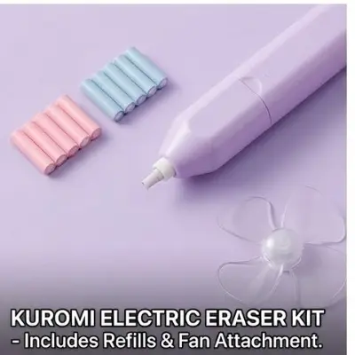 Picture of Sanrio Kuromi 2-in-1 Electric Eraser with Mini Fan - Battery Operated Automatic Rubber for Kids & Artists Cute Kuromi Gadget - Electric Eraser with Built-in Cooling Fan