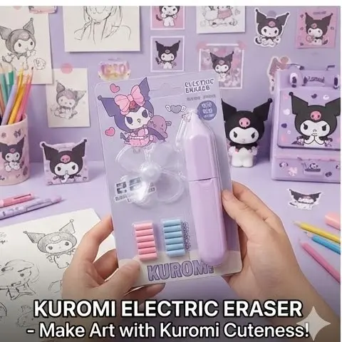 Picture of Sanrio Kuromi 2-in-1 Electric Eraser with Mini Fan - Battery Operated Automatic Rubber for Kids & Artists Cute Kuromi Gadget - Electric Eraser with Built-in Cooling Fan
