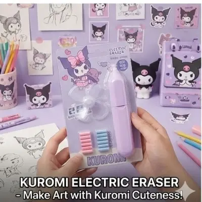 Picture of Sanrio Kuromi 2-in-1 Electric Eraser with Mini Fan - Battery Operated Automatic Rubber for Kids & Artists Cute Kuromi Gadget - Electric Eraser with Built-in Cooling Fan