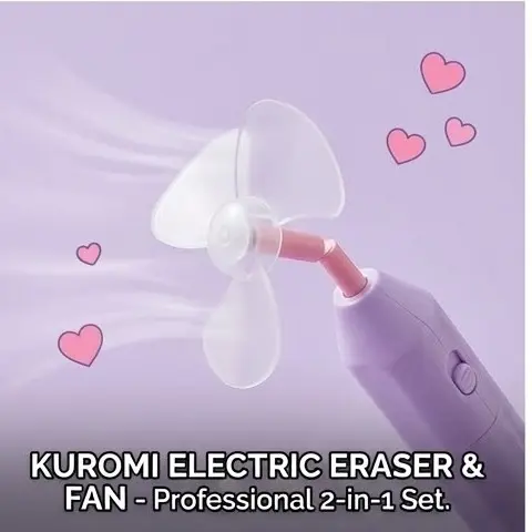 Picture of Sanrio Kuromi 2-in-1 Electric Eraser with Mini Fan - Battery Operated Automatic Rubber for Kids & Artists Cute Kuromi Gadget - Electric Eraser with Built-in Cooling Fan