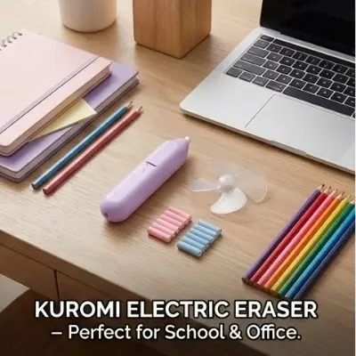Picture of Sanrio Kuromi 2-in-1 Electric Eraser with Mini Fan - Battery Operated Automatic Rubber for Kids & Artists Cute Kuromi Gadget - Electric Eraser with Built-in Cooling Fan