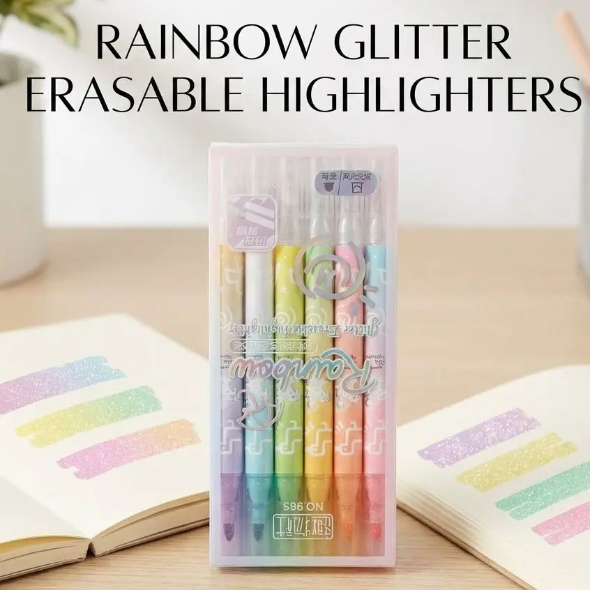 Picture of Rainbow Glitter Erasable Highlighters (Model NO. 985) - Set of 6 Shimmering Marker Pens with Eraser Tip,Sparkling Erasable Markers - Rainbow & Music Theme Stationery