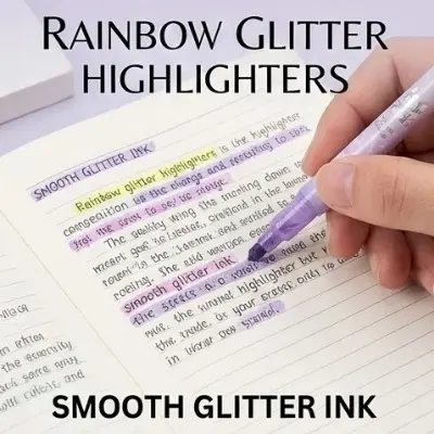 Picture of Rainbow Glitter Erasable Highlighters (Model NO. 985) - Set of 6 Shimmering Marker Pens with Eraser Tip,Sparkling Erasable Markers - Rainbow & Music Theme Stationery