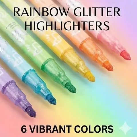 Picture of Rainbow Glitter Erasable Highlighters (Model NO. 985) - Set of 6 Shimmering Marker Pens with Eraser Tip,Sparkling Erasable Markers - Rainbow & Music Theme Stationery