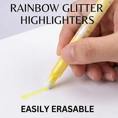 Picture of Rainbow Glitter Erasable Highlighters (Model NO. 985) - Set of 6 Shimmering Marker Pens with Eraser Tip,Sparkling Erasable Markers - Rainbow & Music Theme Stationery