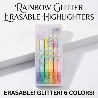 Picture of Rainbow Glitter Erasable Highlighters (Model NO. 985) - Set of 6 Shimmering Marker Pens with Eraser Tip,Sparkling Erasable Markers - Rainbow & Music Theme Stationery