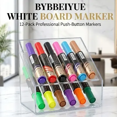 Picture of Whiteboard Markers (Set of 12) - Liquid Ink Chisel Tip Dry Erase Pens,Long Lasting Liquid Ink Markers - Push Button Whiteboard Pens BYBBEIYUE Push Button 12 color