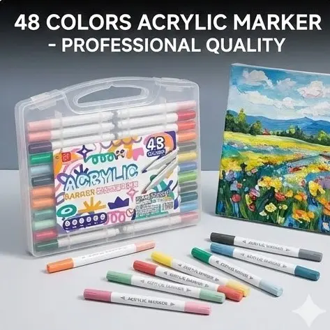Picture of Kicyn 48 Colors Acrylic Marker Set (NO. 808) - Soft Tip Water-Based Paint Pens for Rock, Wood, Glass & DIY,Premium 48pc Acrylic Paint Pens - Multi-Surface Markers for Artists(12/24/36/48)