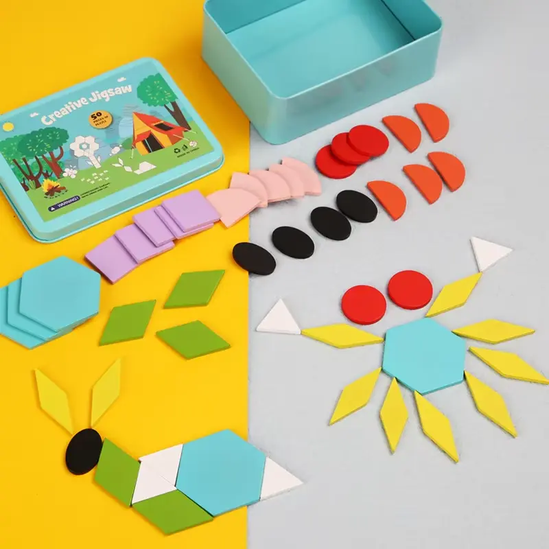 Picture of Wooden Pattern Animal Jigsaw Puzzle Colorful Tangram Toy Kids Montessori Early Education Sorting Games Toys Children Gift