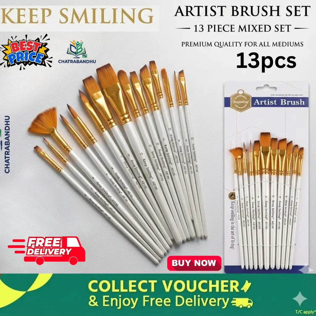 Picture of Keep Smiling 13 Pcs Artist Paint Brush Set (A6145) - Nylon Hair Wooden Handle Brushes for Acrylic & Watercolor Keep Smiling 13 Pcs Mix Brush Set  Complete 13-Piece Artist Brush Kit - Flat, Round & Fan Brushes
