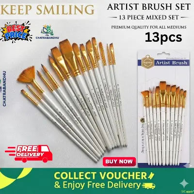 Picture of Keep Smiling 13 Pcs Artist Paint Brush Set (A6145) - Nylon Hair Wooden Handle Brushes for Acrylic & Watercolor Keep Smiling 13 Pcs Mix Brush Set  Complete 13-Piece Artist Brush Kit - Flat, Round & Fan Brushes