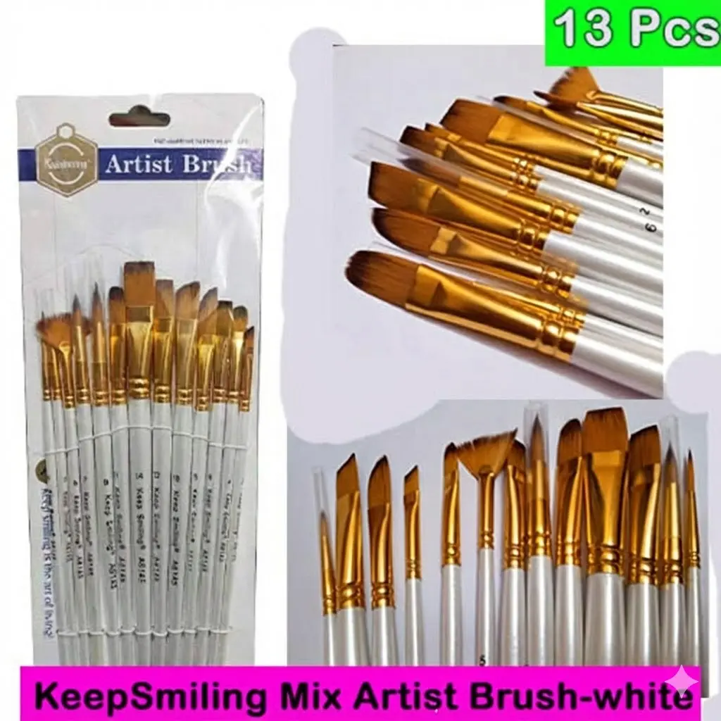 Picture of Keep Smiling 13 Pcs Artist Paint Brush Set (A6145) - Nylon Hair Wooden Handle Brushes for Acrylic & Watercolor Keep Smiling 13 Pcs Mix Brush Set  Complete 13-Piece Artist Brush Kit - Flat, Round & Fan Brushes