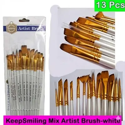 Picture of Keep Smiling 13 Pcs Artist Paint Brush Set (A6145) - Nylon Hair Wooden Handle Brushes for Acrylic & Watercolor Keep Smiling 13 Pcs Mix Brush Set  Complete 13-Piece Artist Brush Kit - Flat, Round & Fan Brushes