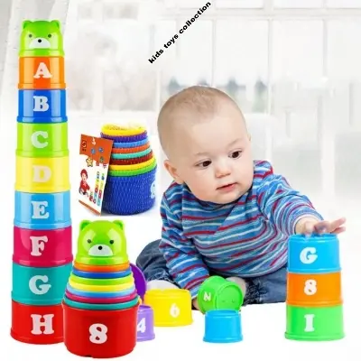 Picture of 9PCS Rainbow Stacking Cups Toy for Toddlers - Educational Number & Letter Learning Tower with Mini Bear