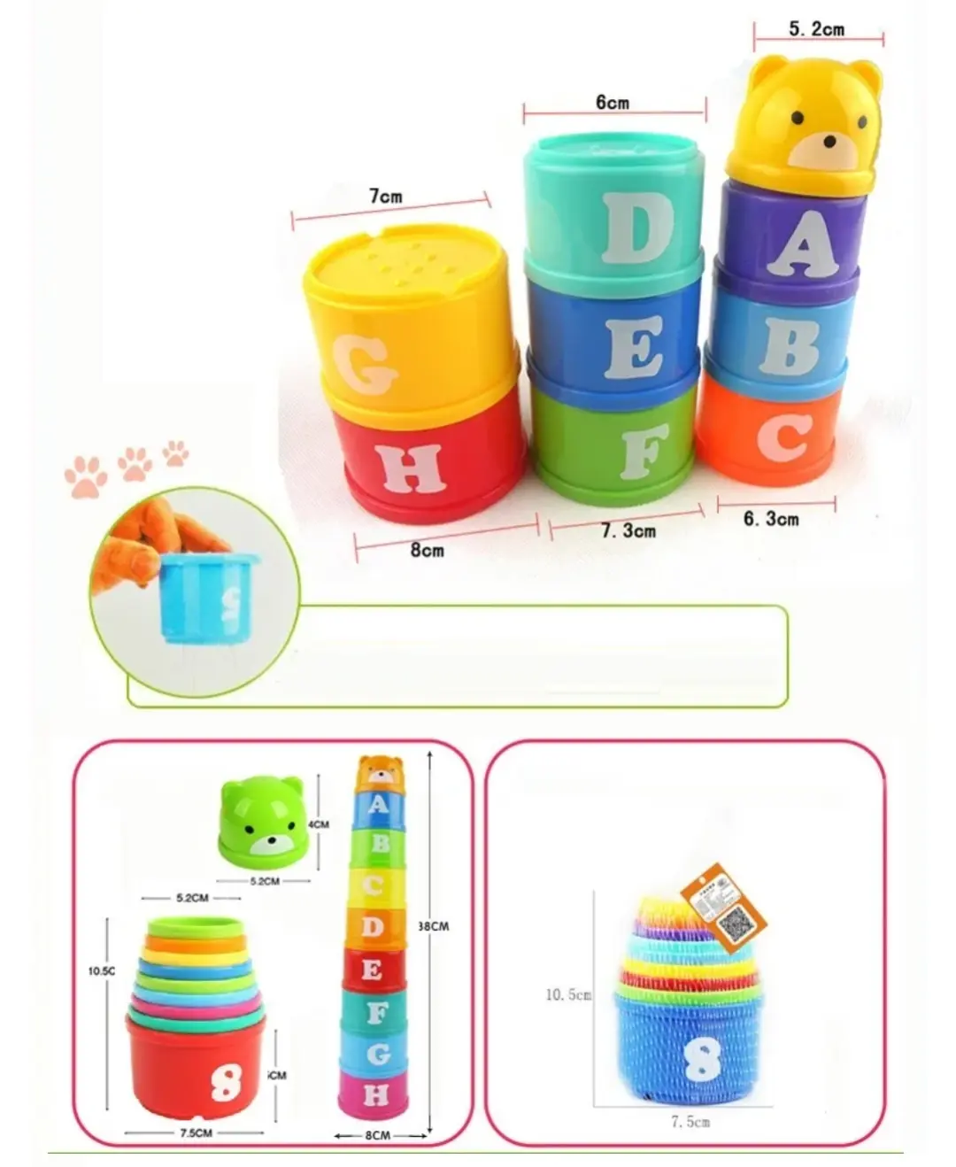 Picture of 9PCS Rainbow Stacking Cups Toy for Toddlers - Educational Number & Letter Learning Tower with Mini Bear