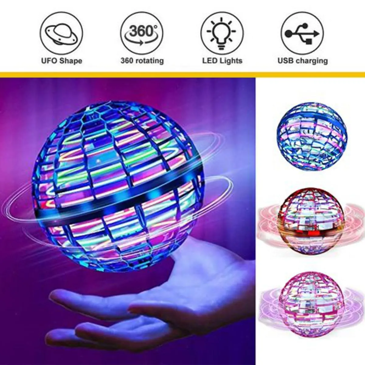 Picture of Magic Flying Ball Toy with RGB Lights - Hand Controlled Boomerang Spinner Mini Drone for Kids & Adults
