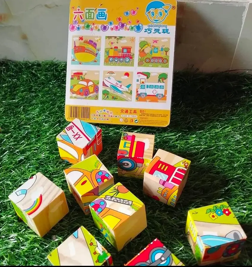 Picture of 6-in-1 Wooden 3D Cube Puzzle - 9 Piece Block Jigsaw Toy for Kids - Montessori Animal/Transport Cartoon Puzzle