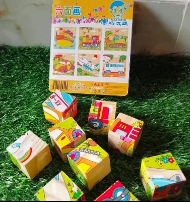 Picture of 6-in-1 Wooden 3D Cube Puzzle - 9 Piece Block Jigsaw Toy for Kids - Montessori Animal/Transport Cartoon Puzzle