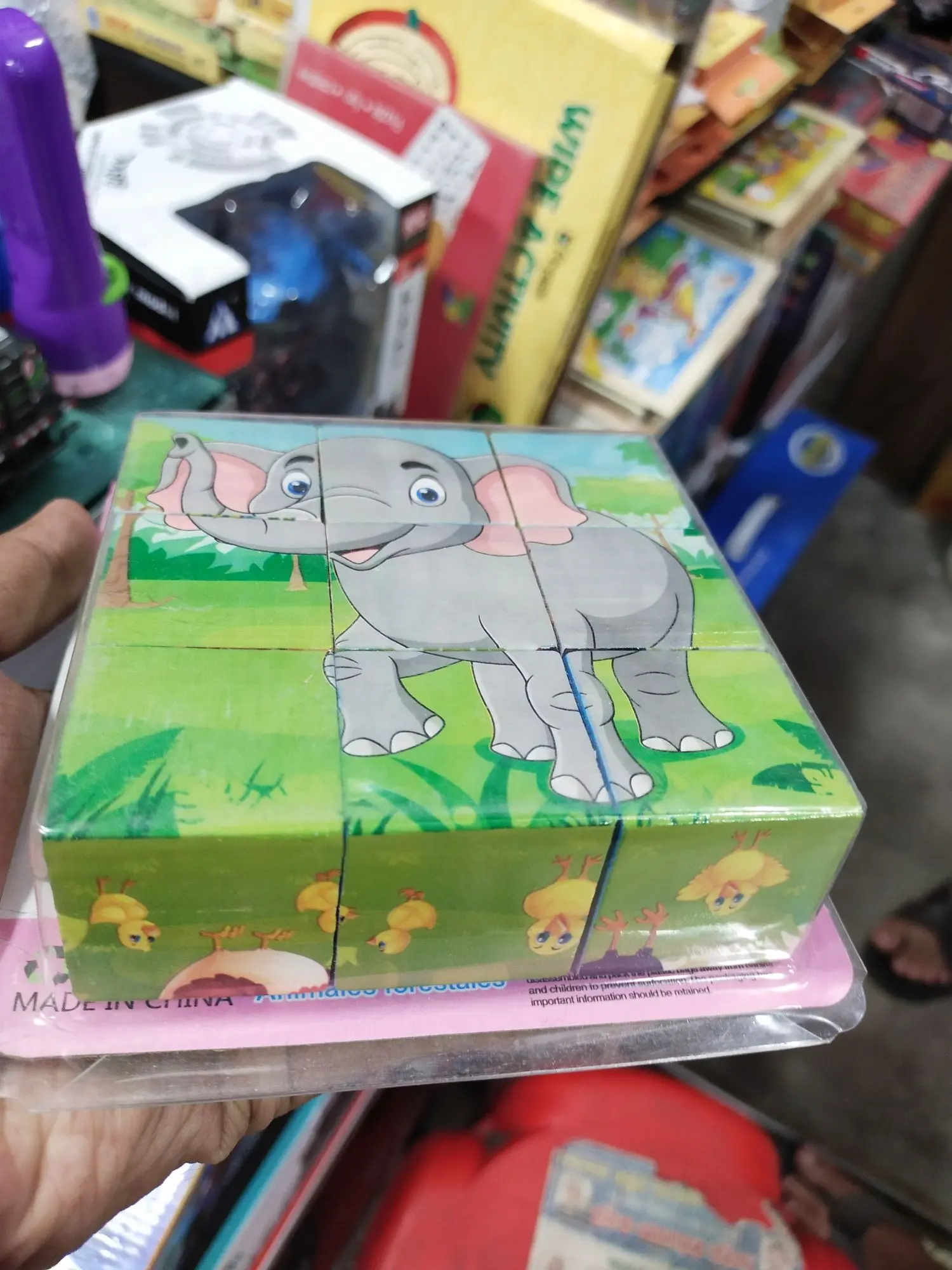 Picture of 6-in-1 Wooden 3D Cube Puzzle - 9 Piece Block Jigsaw Toy for Kids - Montessori Animal/Transport Cartoon Puzzle