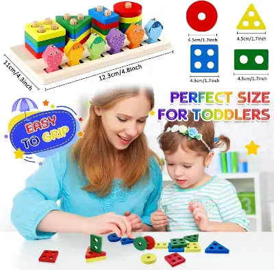 Picture of Wooden Stacking Toys, Shape Sorting Board & Wooden Toddler Fishing Toys, Shape Color Recognition Blocks Matching Puzzle Preschool Learning Toys for Kids Boys & Girls