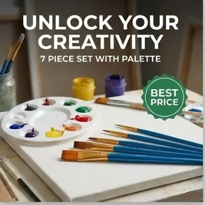 Picture of Artist Brush Value Pack - 7 Pcs Paint Brushes with Mixing Palette for Acrylic & Watercolor Complete Art Set - 7 Blue Handle Brushes + Palette (Ideal for All Mediums)