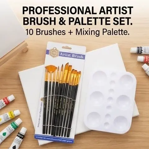 Picture of Keep Smiling 12 Pcs Artist Paint Brush Set with Mixing Palette - Nylon Hair Wooden Handle Kit Keep Smiling 12 Brushes + Palette Combo   Complete Painting Set - 12 Brushes & Palette for Acrylic/Oil/Water