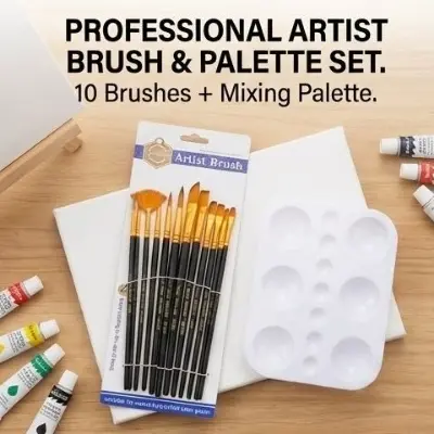 Picture of Keep Smiling 12 Pcs Artist Paint Brush Set with Mixing Palette - Nylon Hair Wooden Handle Kit Keep Smiling 12 Brushes + Palette Combo   Complete Painting Set - 12 Brushes & Palette for Acrylic/Oil/Water