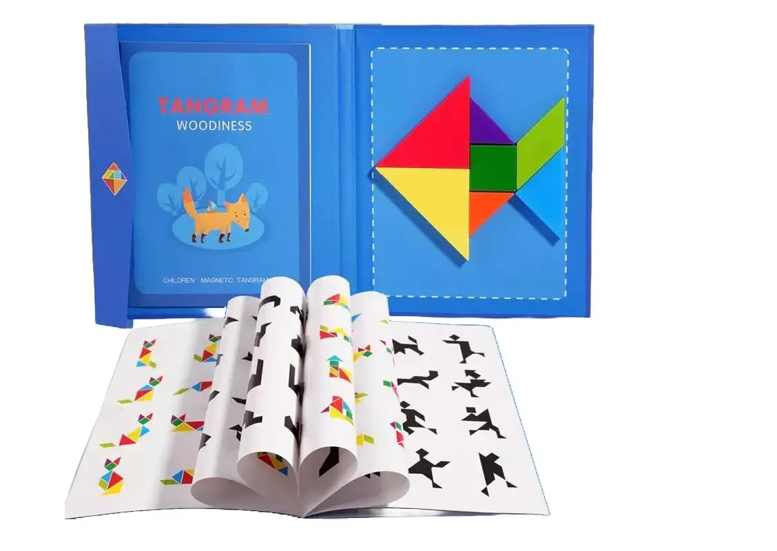 Picture of Magnetic Wooden Tangram Puzzle Book - Educational Brain Teaser Toy for Kids & Adults - Travel Friendly Logic Game