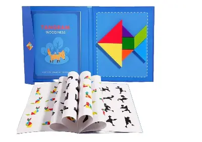 Picture of Magnetic Wooden Tangram Puzzle Book - Educational Brain Teaser Toy for Kids & Adults - Travel Friendly Logic Game