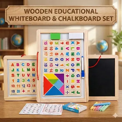 Picture of 2-in-1 Wooden Magnetic Writing Board for Kids (33x23cm) - Double Sided Whiteboard & Blackboard Slate with Tangram Puzzles