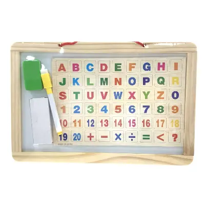 Picture of 2-in-1 Wooden Magnetic Writing Board for Kids (33x23cm) - Double Sided Whiteboard & Blackboard Slate with Tangram Puzzles