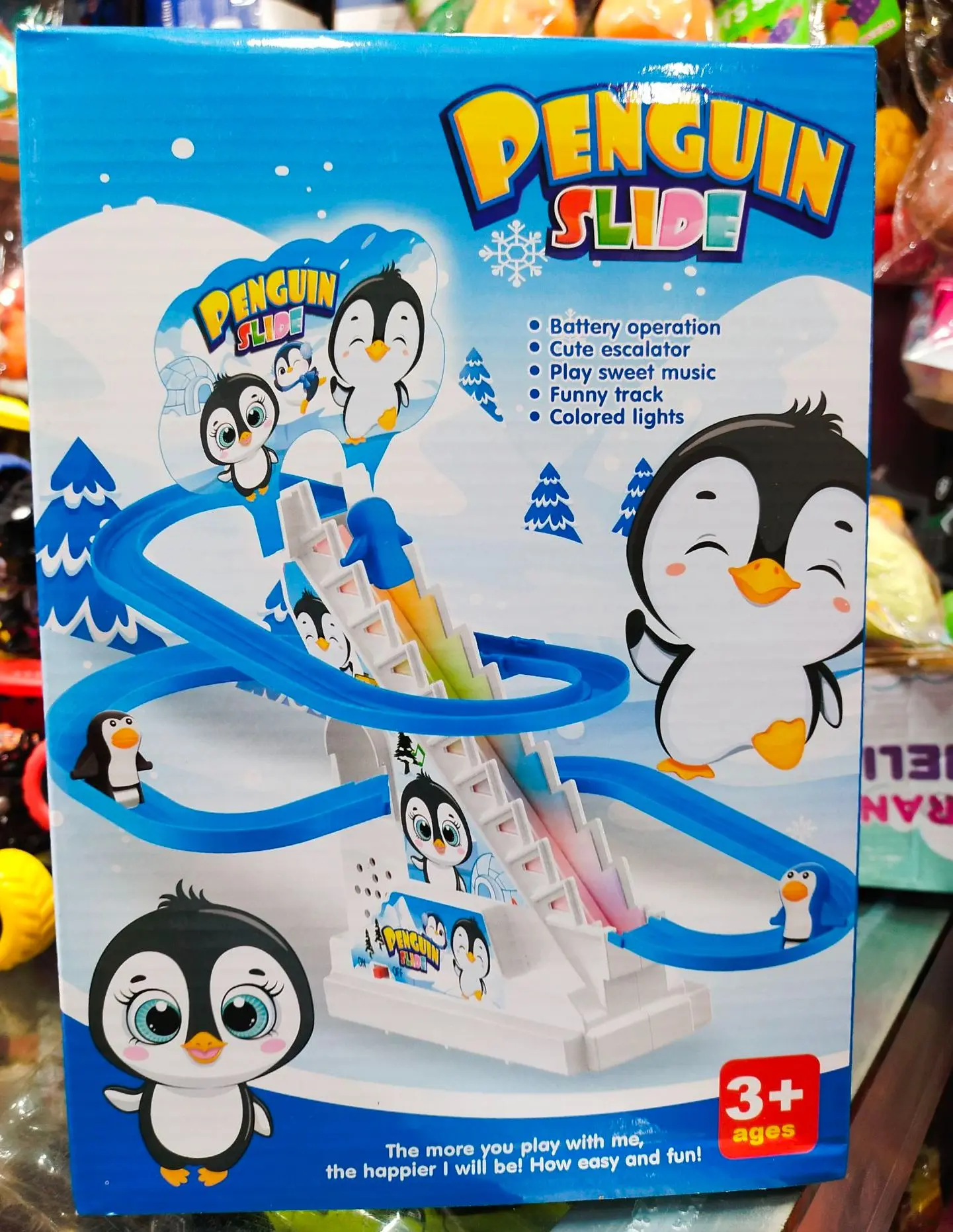 Picture of Penguin Race Set with Flashing Lights & Music On/Off Button for Quiet Play, Jolly Penguin Slide PlaysetChildren's Puzzle Toy Rail Slide Penguin Climbing Stairs Toy