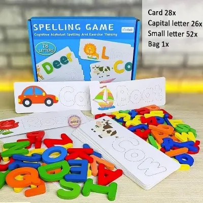 Picture of Wooden Spelling Game Toy with Flash Cards - Montessori Letter Matching & Sight Words Learning Gift for Preschool Kids (3-5 Years),Learn to Spell - Montessori Wooden Flash Card Puzzle