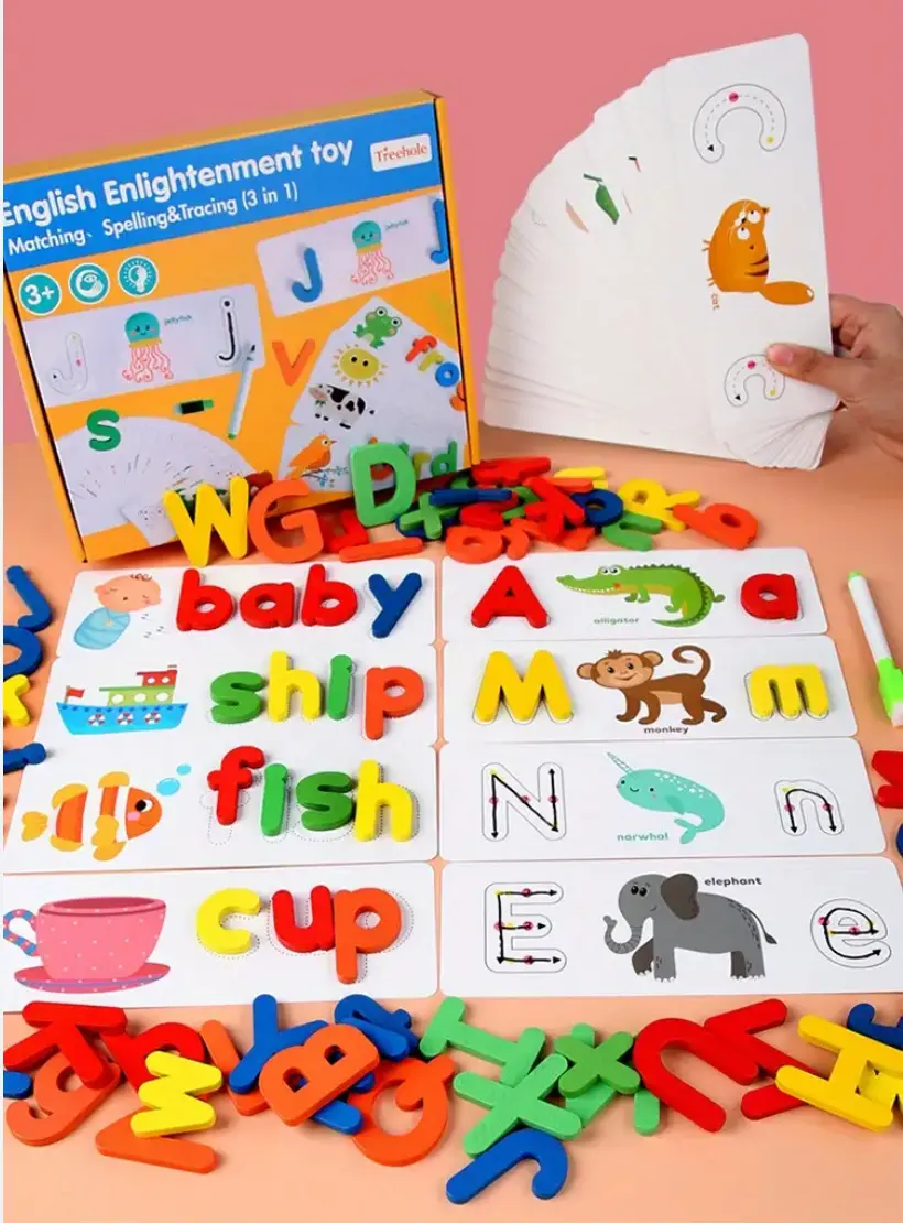 Picture of Wooden Spelling Game Toy with Flash Cards - Montessori Letter Matching & Sight Words Learning Gift for Preschool Kids (3-5 Years),Learn to Spell - Montessori Wooden Flash Card Puzzle