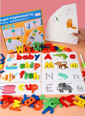 Picture of Wooden Spelling Game Toy with Flash Cards - Montessori Letter Matching & Sight Words Learning Gift for Preschool Kids (3-5 Years),Learn to Spell - Montessori Wooden Flash Card Puzzle